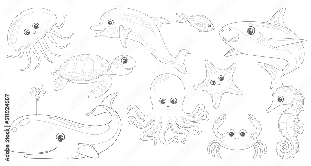 Outlined cartoon sea animals set for drawing. Coloring page of funny crab, fish, jellyfish, turtle, starfish, seahorse, dolphin, octopus and shark. Vector flat illustration isolated on white.