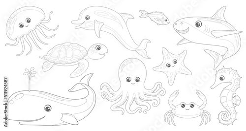 Outlined cartoon sea animals set for drawing. Coloring page of funny crab, fish, jellyfish, turtle, starfish, seahorse, dolphin, octopus and shark. Vector flat illustration isolated on white.