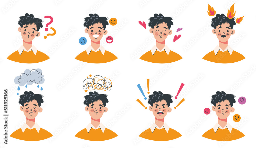 People boy man with different emotions flat cartoon graphic design illustration set - obrazy, fototapety, plakaty 