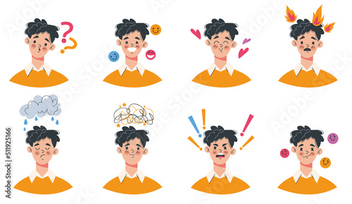 People boy man with different emotions flat cartoon graphic design illustration set