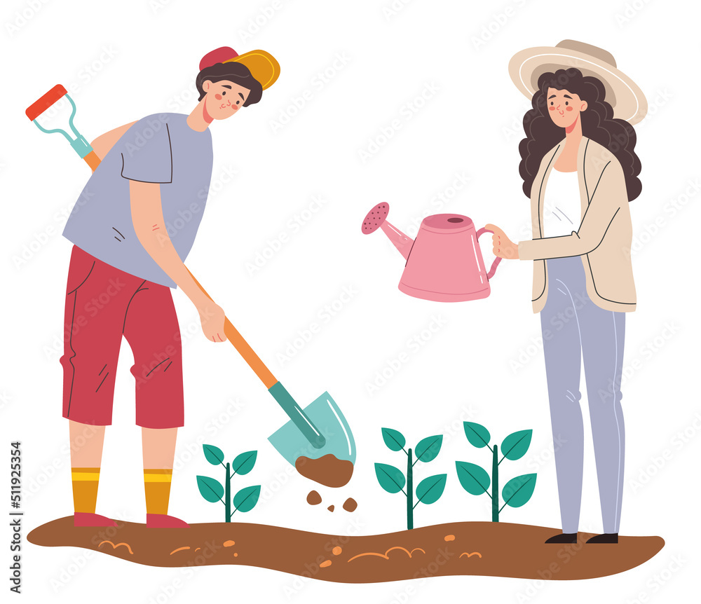 Farming people characters working in garden and growing plants. Design graphic element illustration set Farming people characters working in garden and growing plants. Design graphic element illustration set