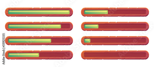 Game ui interface menu wooden load slider isolated set. Vector flat graphic design element illustration