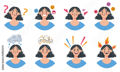 People girl woman with different emotions flat cartoon graphic design illustration set