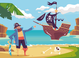 Wandcirkels Piraten Piratenkapitein op eiland met schip  © PrettyVectors