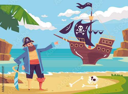Pirate captain sailor on island with ship composition. Vector cartoon design element illustration