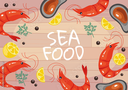 Seafood kitchen banner poster cover concept. Vector flat graphic design element illustration