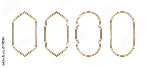 Set arabic golden frame isolated. 3D render islam architecture shape for muslim holidays. Design elements window,door, frame,. Realistic vector illustration.