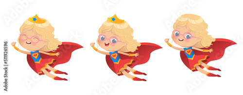 Flying Blond Girl wearing colorful costumes of superheroe, isolated on white background. Cartoon vector characters of Kid Superheroes, for party, invitations, web, mascot