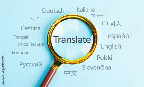 Translate text, International language translation search concept with magnifying glass. Concept of online translation from foreign language