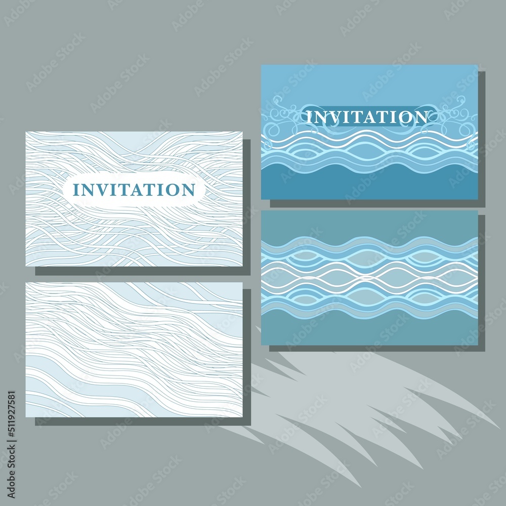 invitation cards in blue color with waves in linear geometric ornament