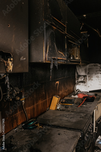 The apartment was destroyed by a rocket attack and fire. Irpen, Ukraine