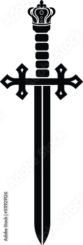 Black and White Cartoon Illustration Vector of a Sword with a Crown Hilt