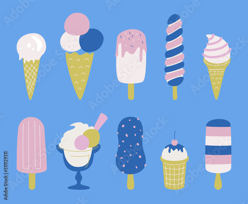 Set of vector ice-creams illustrations. Collection of multicolor stylish ice cream icons.