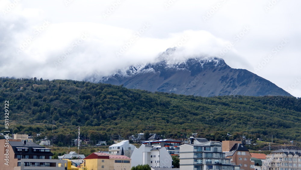 City of Ushuaia, Argentina at the base of the mountains