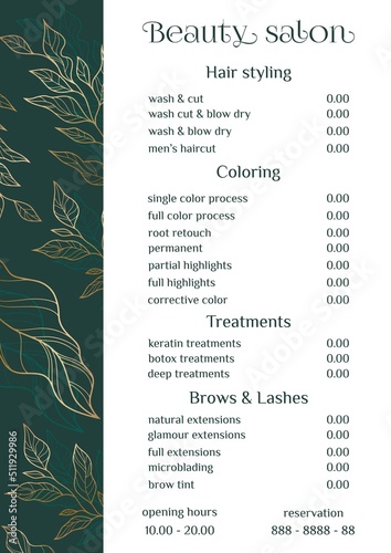 Vector Illustration sticker business card for beauty salon with pricelist and special offer opening hours and phone number for reservation decorated with botanical art texture. A4 printable template
