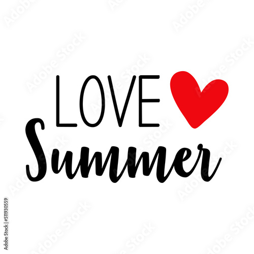 Banner con texto manuscrito Love Summer. Vector con silueta de corazón. Logo vacaciones de verano. Color rojo y negro