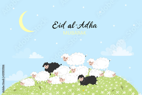 Eid Mubarak celebration of Muslim community festival Eid Al Adha Greeting card with sacrificial a ram,white and black sheep,crescent moon cloud on blue sky background.Vector Muslim holiday Eid Ul Adha photo