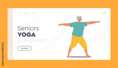 Seniors Yoga Landing Page Template. Old Woman Healthy Sport Life, Aerobics or Pilates Workout Training Class, Fitness