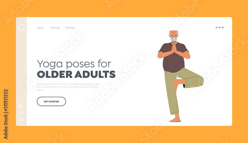 Yoga Poses for Older Adults Landing Page Template. Elderly Male Character Stand on One Leg with Joined Palms in Asana