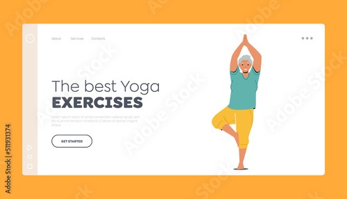 The Best Yoga Exercises Landing Page Template. Senior Female Character Engage Yoga Practice. Old Woman Workout Training