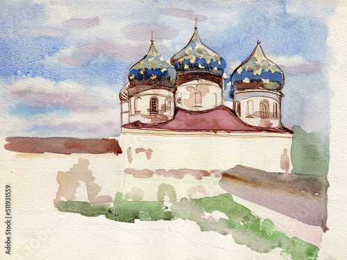 Watercolor painted architectural sketch. Yuriev Monastery in Velikiy Novgorod, Holy Cross Cathedral photo