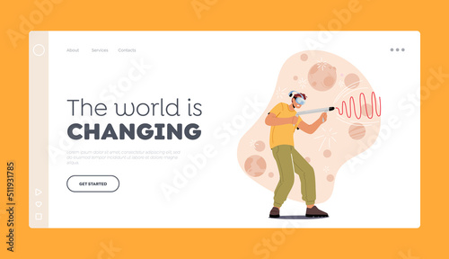 Gaming Recreation, Virtual Reality Simulation Hobby Landing Page Template. Man Gamer Playing Video Game in VR Goggles