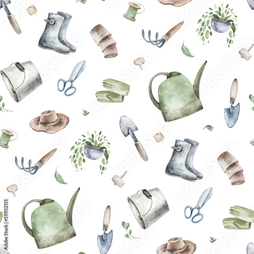 Fotografie Seamless pattern garden tools background texture