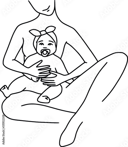 Mom and child. Line art illustration of a mother feeding her baby from a bottle. Artificial feeding vector illustration. 