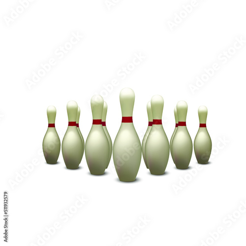 Bowling pins set, duckpin vector graphic illustratoin 3d. Bowl sport pin set, stock image isolated. White ten-pin game photo