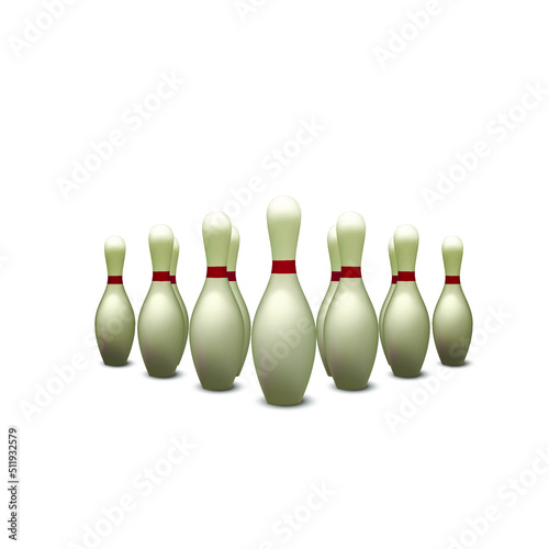 Bowling pins set, duckpin vector graphic illustratoin 3d. Bowl sport pin set, stock image isolated. White ten-pin game