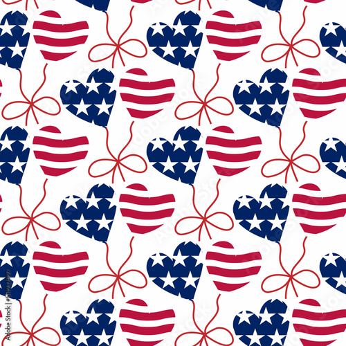 The 4th of July Seamless Pattern  Hearts Balloons  USA Independence day  Labor Day  Red and Blue  Stars and Stripes  National flag  Freedom colors  Hand drawn vector illustration