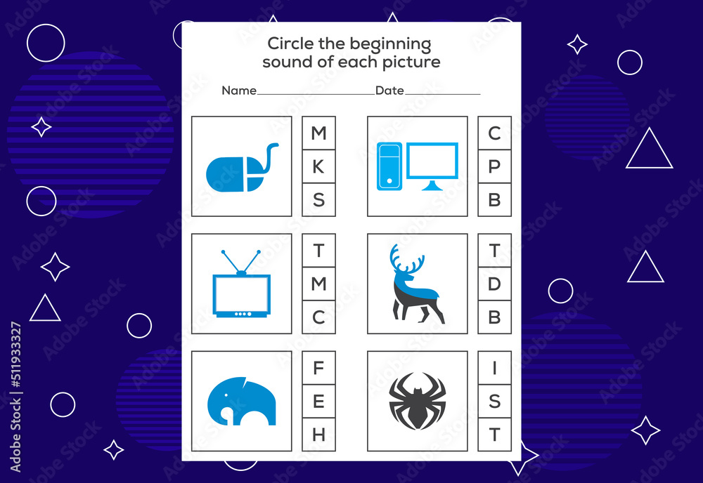 Circle the beginning sound of each picture. Educational game for kids - obrazy, fototapety, plakaty 