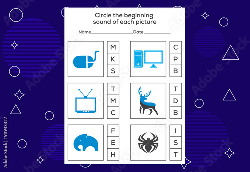 Circle the beginning sound of each picture. Educational game for kids