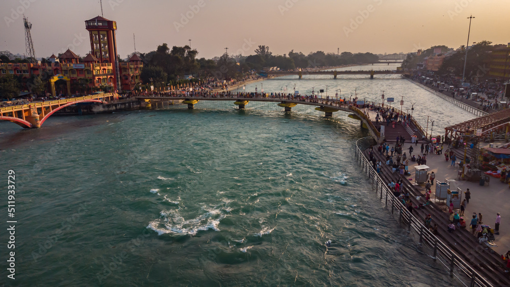 ganges river bank with devotee crowed at evening from flat angle aerial