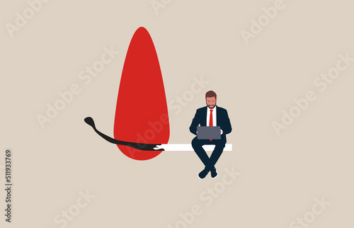 Desperate male working with laptop on burning matchstick. Burnout from overworked or pressure to finish within deadline, frustration or exhausted worker, despair employee or trouble.