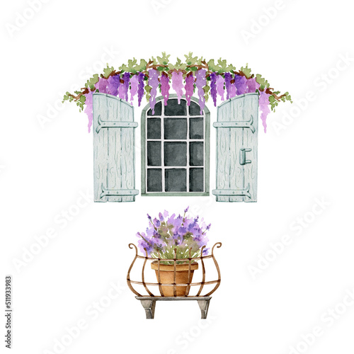 vintage window with wooden shutters and flowers, watercolor illustration. 