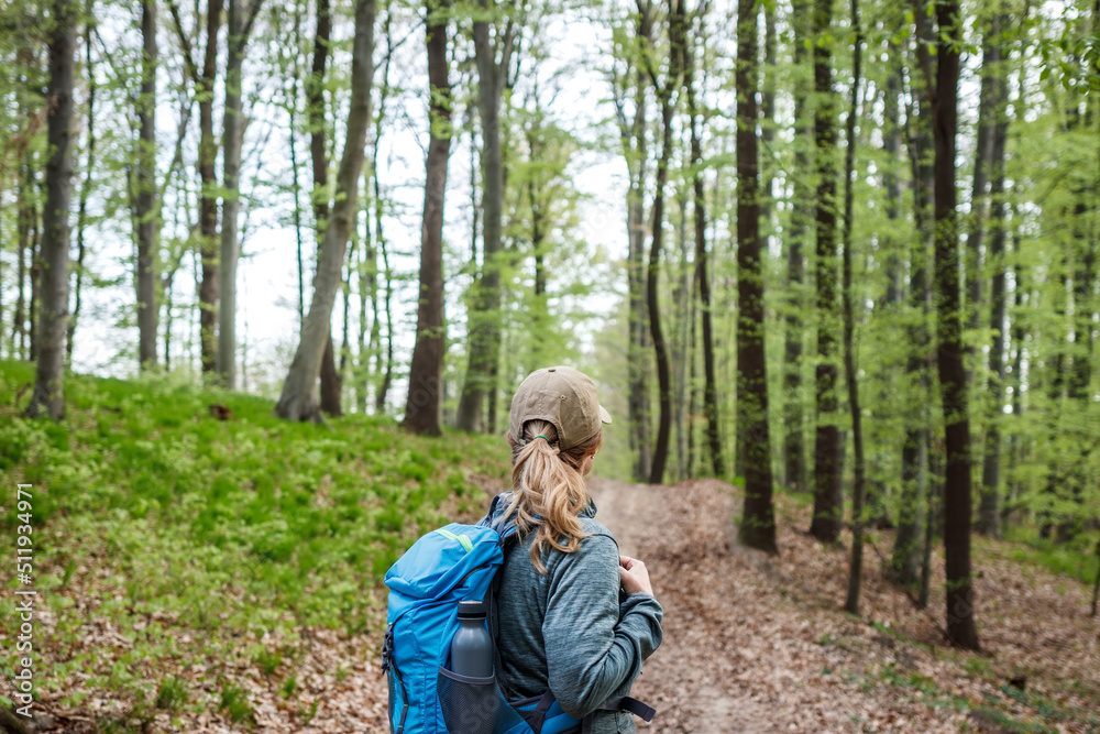 Hiking in forest. Woman with backpack trekking on footpath in woodland Hiking in forest. Woman with backpack trekking on footpath in woodland