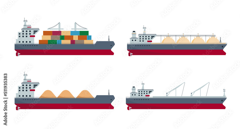 Set of sea ships. Ocean delivery and shipping boats. Gas, oil tanker and cargo ship. Sea freight transportation or logistic. Vector illustration isolated on white background. Set of sea ships. Ocean delivery and shipping boats. Gas, oil tanker and cargo ship. Sea freight transportation or logistic. Vector illustration isolated on white background.