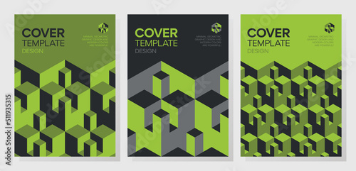 Set of trendy abstract isometric 3d optical illusion geometric shapes cover design. 