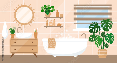 Cozy bathroom interior in trendy Scandic hygge style with bathtub  plants  sink and accessories. Modern house or apartment. Flat or cartoon vector illustration.