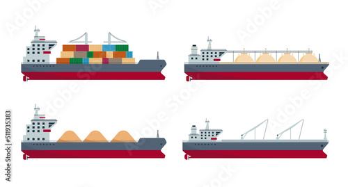 Set of sea ships. Ocean delivery and shipping boats. Gas, oil tanker and cargo ship. Sea freight transportation or logistic. Vector illustration isolated on white background.