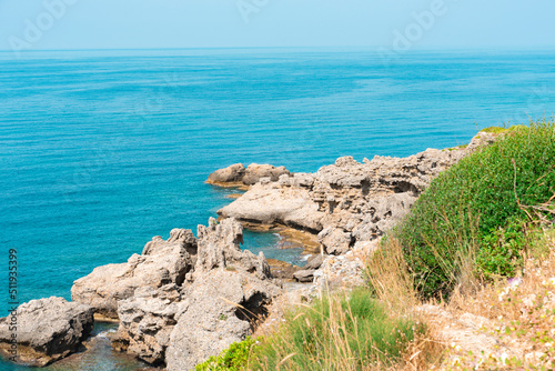 The coast and beaches of Turkey Alanya. The landscape of the cliff of the seashore from a height. Vacation on the beach in Turkey High quality photo