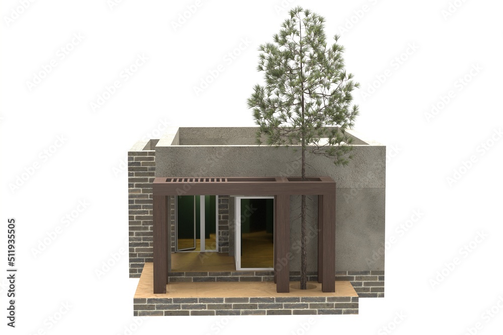 Modern house. Brick and plaster houses. Isolation on a white. 3D-rendering