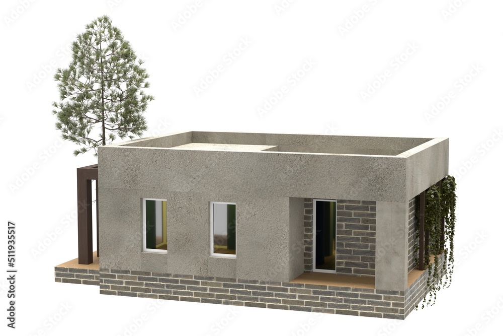 illustration of modern house. Brick and plaster houses. Isolation on a white. 3D-rendering