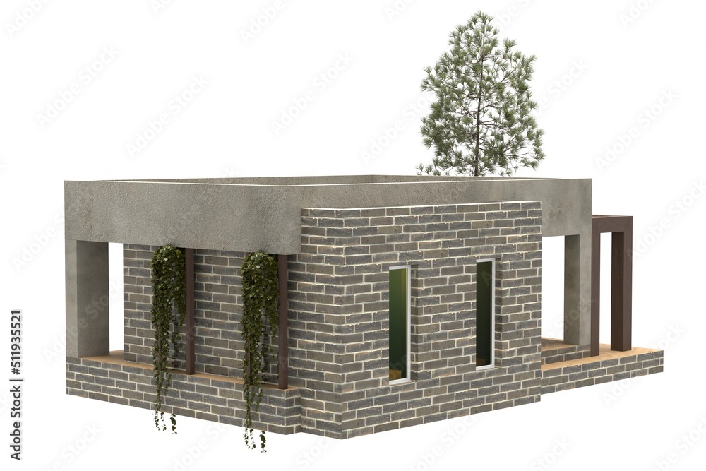 illustration of modern house. Brick and plaster houses with a tree. Isolation on a white. 3D-rendering