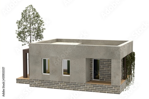 illustration of modern house. Brick and plaster houses. Isolation on a white. 3D-rendering