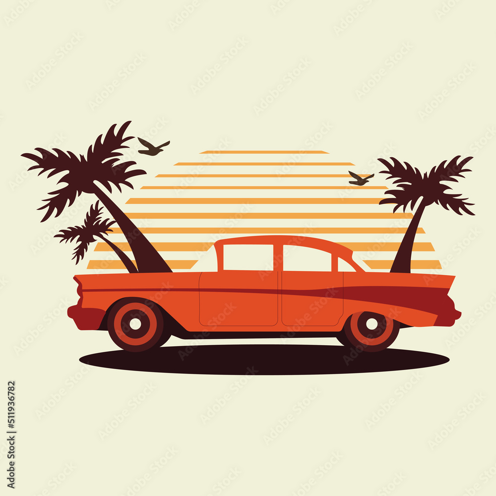 
retro red car with palm trees, sun and seagulls. flat vector illustration on yellow background