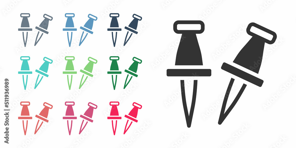 Obraz premium Black Push pin icon isolated on white background. Thumbtacks sign. Set icons colorful. Vector