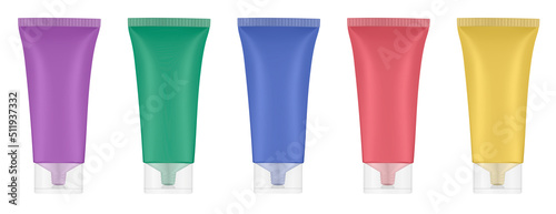 Set of plastic tubes with transparent caps. Purple, blue, green, yellow and red colors. Hand cream, mask or lotion. Professional shampoo. Rainbow palette