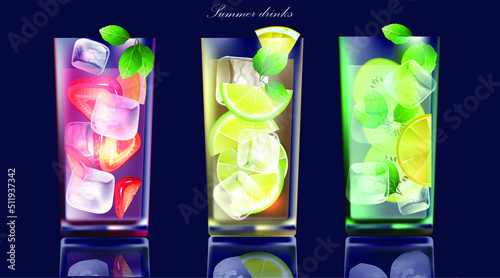 Set of refreshing drinks with fruits and ice
